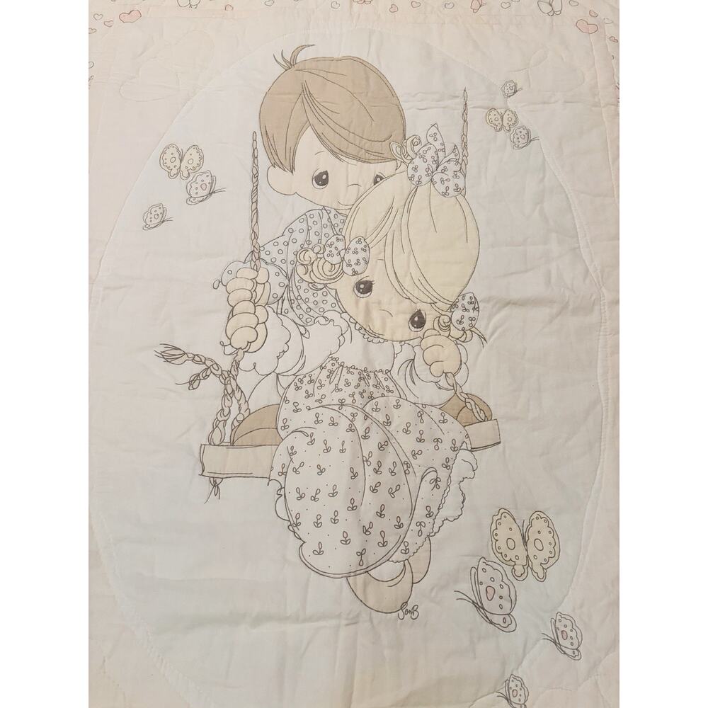 Precious Moments Nursery Quilt Panel Boy & Girl on Swing White & Pastels 44x33